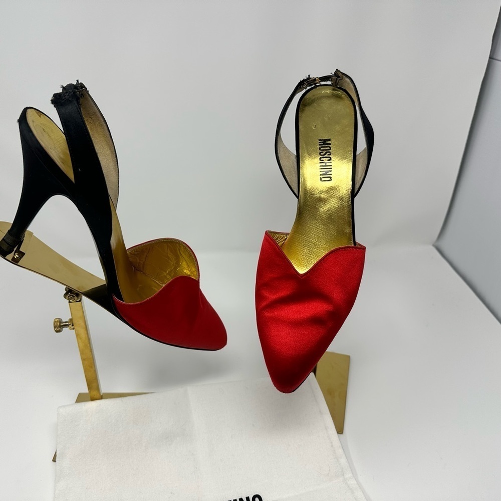 Vintage Moschino Vestaire Red satin sling back heels